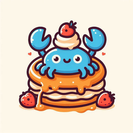 Cute Kawaii Blue Crab with Pancake. Vector Illustrationのイラスト素材