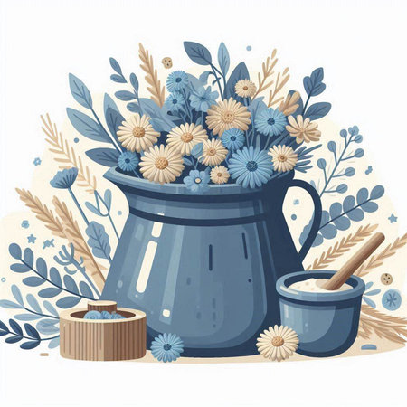 Vector illustration of a blue ceramic pot with wildflowers and lavender.のイラスト素材