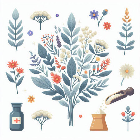 Set of flowers and herbs. Floral elements. Vector illustration.のイラスト素材