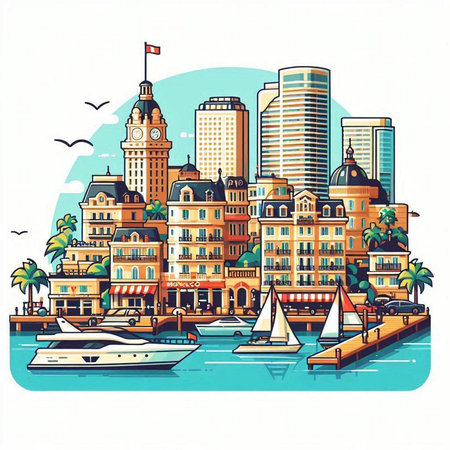 Vector illustration of a cityscape with buildings, boats and birds.のイラスト素材
