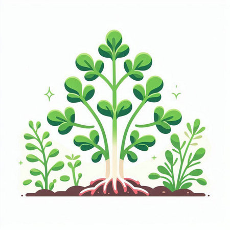 Illustration of a green tree with roots on a white background.のイラスト素材