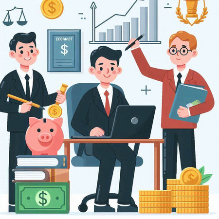 Businessman sitting at desk with laptop, piggy bank, books and coins. Vector illustrationのイラスト素材