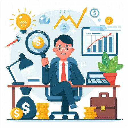 Businessman sitting on a chair and looking through a magnifying glass. Vector illustration.のイラスト素材