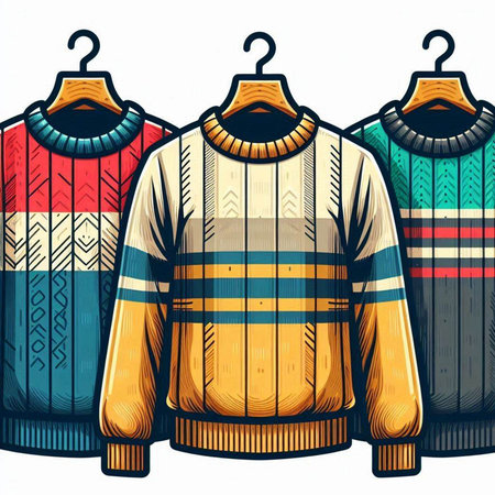 Woolen winter clothes on hangers. Vector illustration in retro styleのイラスト素材