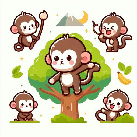 Cute monkey cartoon vector illustration. Collection of cute monkey cartoon characters.のイラスト素材