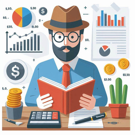 Businessman in hat and glasses sitting at the table with a book. Flat style vector illustration.のイラスト素材