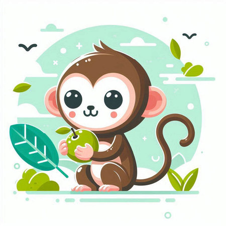 Cute cartoon monkey with green apple in hand. Vector illustration.のイラスト素材