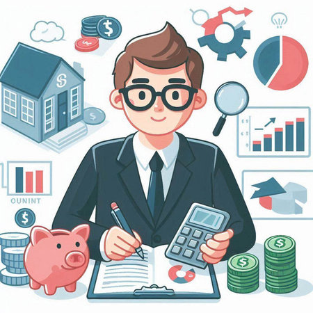 Businessman with calculator and piggy bank. Vector illustration in cartoon styleのイラスト素材