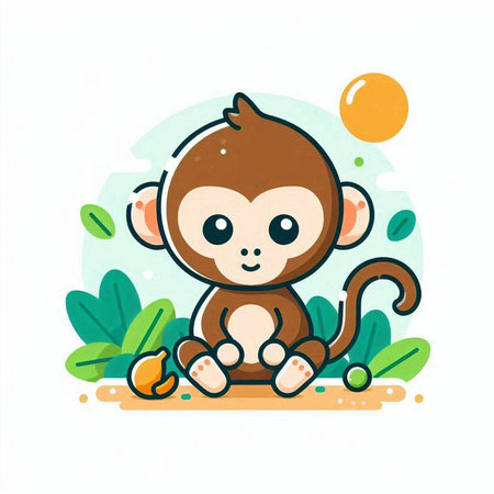 Cute monkey sitting on the ground. Vector illustration in cartoon style.のイラスト素材