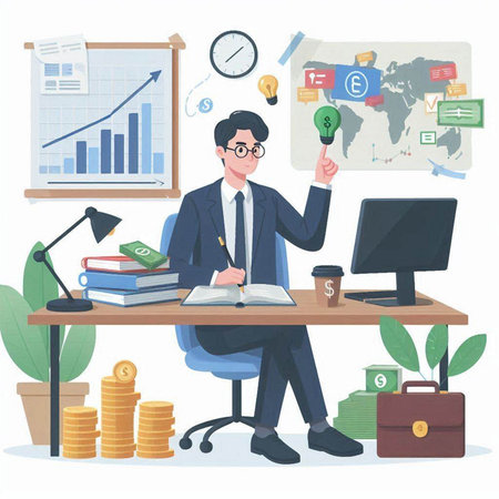 Businessman working in the office. Vector illustration in cartoon style.のイラスト素材