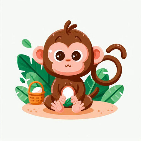 Cute cartoon monkey sitting on the sand with coconut. Vector illustration.のイラスト素材