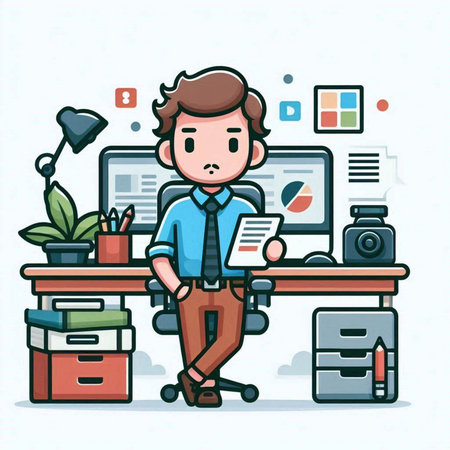 Businessman working at the office. Vector illustration in cartoon style.のイラスト素材