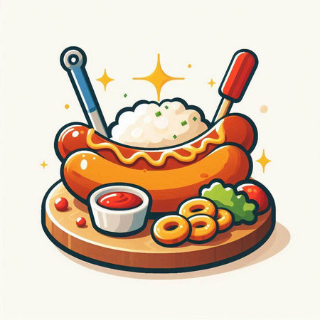 Hot dog with rice and ketchup. Vector illustration of fast food.のイラスト素材
