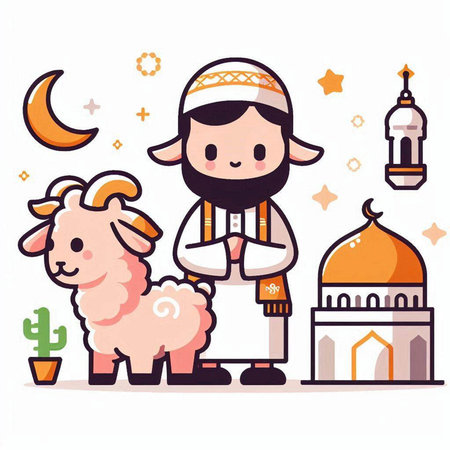 Vector illustration of a Muslim man with sheep and mosque on white backgroundのイラスト素材