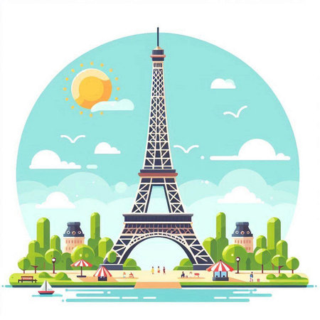 Eiffel tower in Paris, France. Vector illustration in flat styleのイラスト素材
