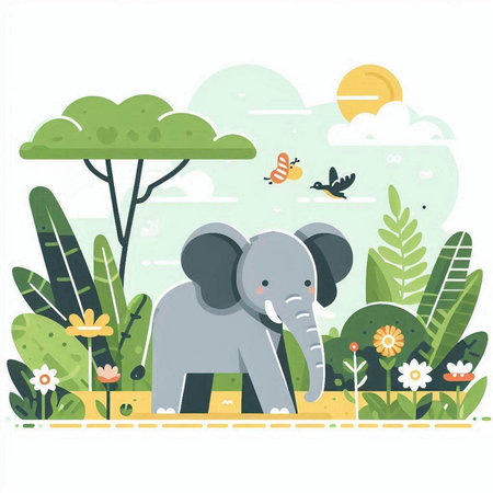 Vector illustration of cute elephant in the park. Flat style design.のイラスト素材