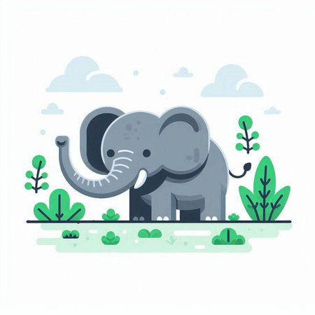 Vector illustration of cute elephant in the jungle. Flat style design.のイラスト素材