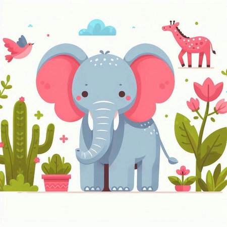 Cute elephant with flowers and birds. Vector illustration in cartoon styleのイラスト素材