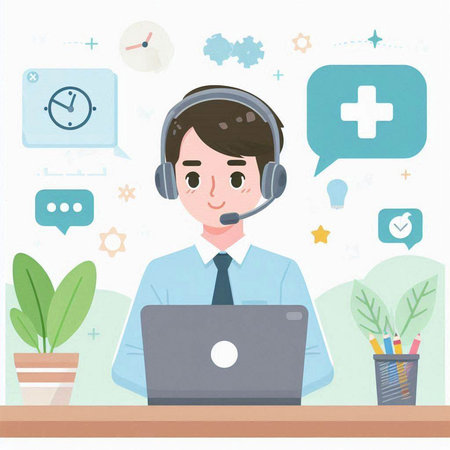Customer service agent in call center. Flat design. Vector illustration.のイラスト素材