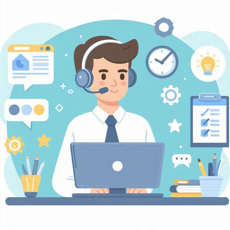 Call center operator with headset and laptop. Vector illustration in flat styleのイラスト素材