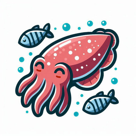 Colorful vector illustration of cute octopus and fish on white backgroundのイラスト素材