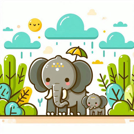Vector illustration of cute cartoon elephant with baby elephant in the park.のイラスト素材