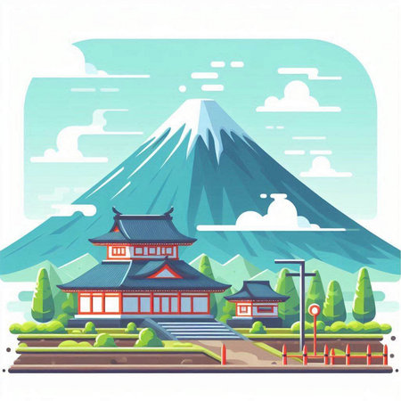 Landscape with traditional japanese buildings and Mount Fuji. Vector illustrationのイラスト素材