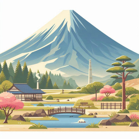 Mount Fuji and Japanese-style village in Japan. Vector illustration.のイラスト素材