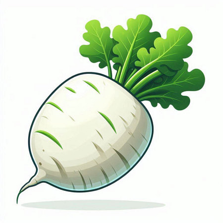 Illustration of a white radish with green leaves on a white backgroundのイラスト素材