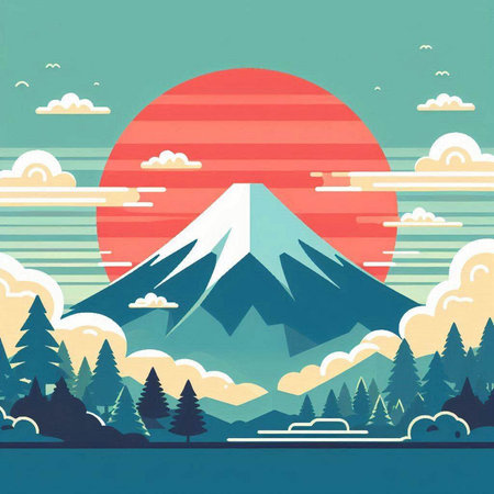 Mt. Fuji in the morning and sunset. Vector illustration.のイラスト素材