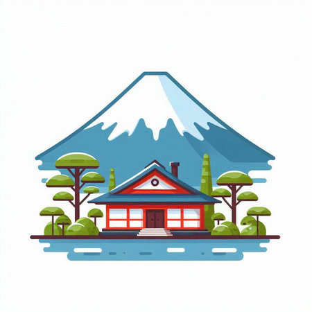 Mt. Fuji with flowers, road and sun. Vector illustrationのイラスト素材