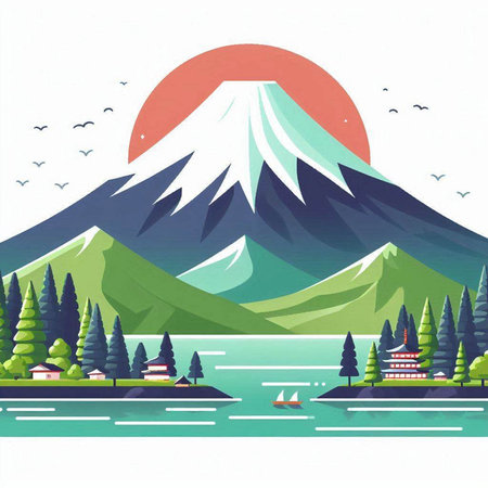 Mount Fuji and Lake Kawaguchiko, Japan. Vector illustration.のイラスト素材