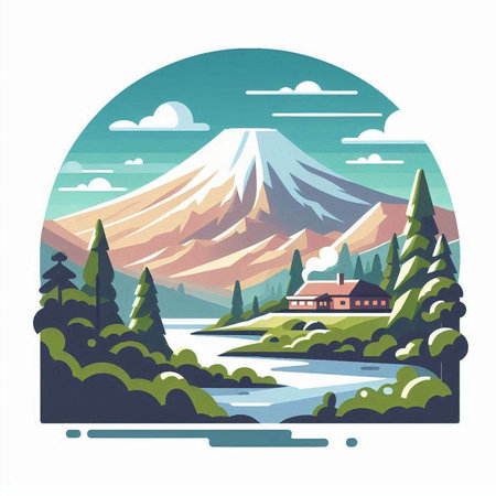 Mt. Fuji, lake and pine forest. Vector illustration.のイラスト素材