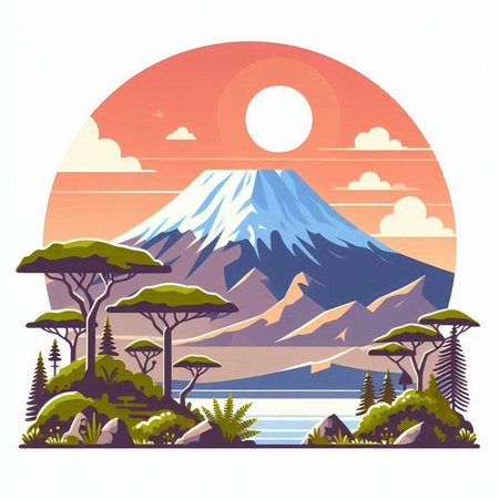 Mount Fuji and Lake Kawaguchiko, Japan. Vector illustration.のイラスト素材