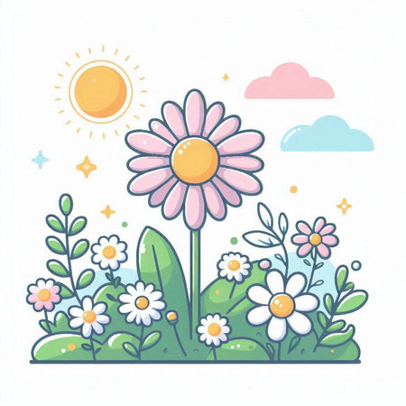 Cute hand drawn vector illustration with daisies and sun.のイラスト素材