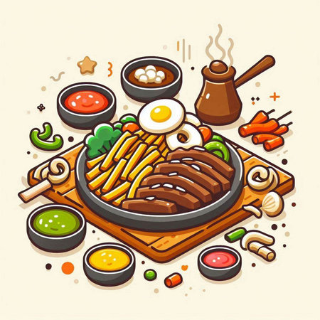 Illustration of japanese food on a wooden board. Vector illustrationのイラスト素材