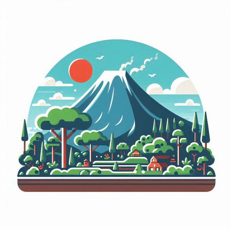 Mountains and trees in the form of a circle. Vector illustration.のイラスト素材