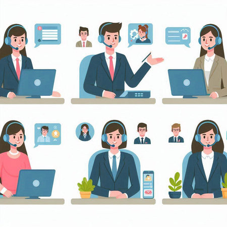 Call center and customer service vector illustration set. Man and woman in headset.のイラスト素材