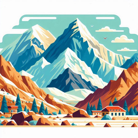 Mountain landscape. Snowy peaks and village. Vector illustration.のイラスト素材