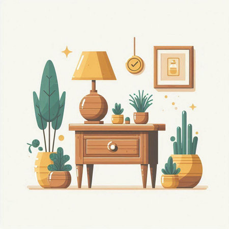 Interior of living room with furniture and plants. Vector illustration.のイラスト素材