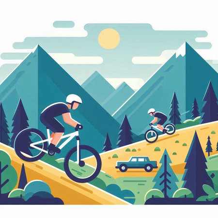 Bicyclist on the road in the mountains. Flat style vector illustration.のイラスト素材