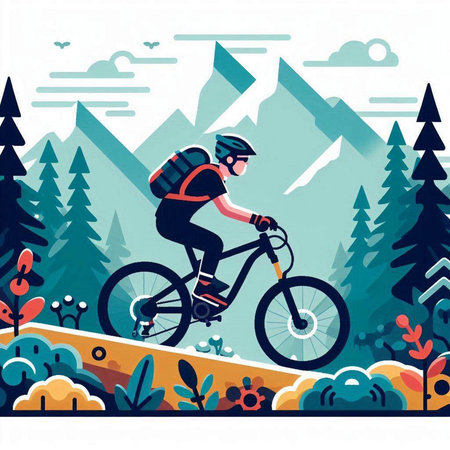 Cyclist in the mountains. Vector illustration in flat style.のイラスト素材