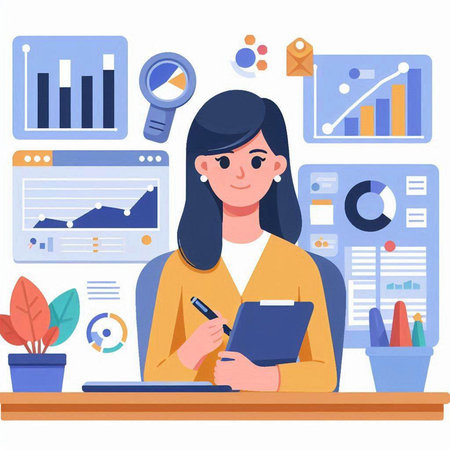 Business woman working in office. Vector illustration in a flat style.のイラスト素材