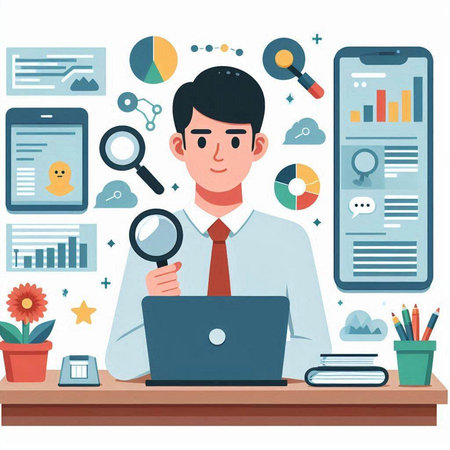 Businessman sitting at desk with laptop and looking through magnifying glass. Vector illustration.のイラスト素材
