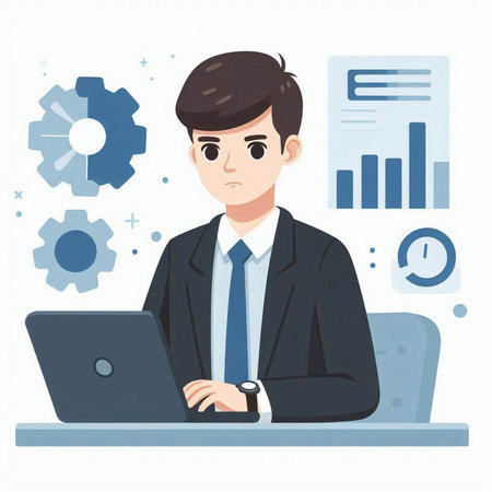 Businessman working on laptop in office. Vector illustration in flat styleのイラスト素材