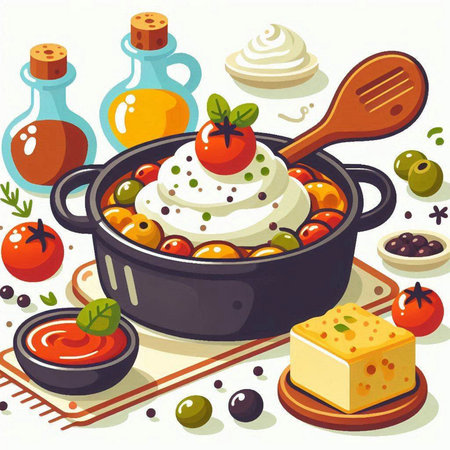 Illustration of a saucepan with tomato, mozzarella cheese, olives and spicesのイラスト素材