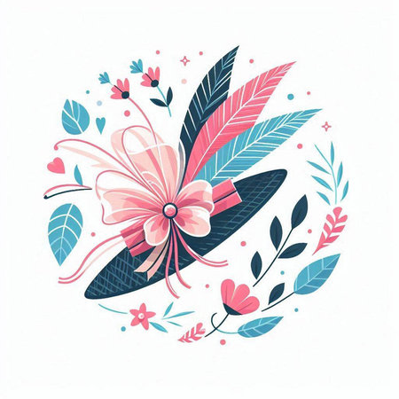 Vector illustration of a pink flower in a hat with feathers and flowersのイラスト素材