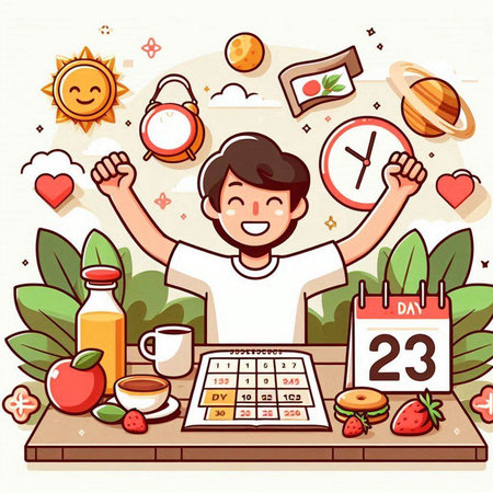 Healthy lifestyle concept with happy man at the table. Vector illustrationのイラスト素材