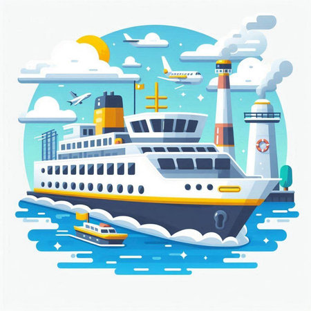 Cruise ship in the sea. Vector illustration. Flat style.のイラスト素材