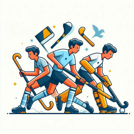Hockey players vector illustration. Cartoon hockey players with hockey stick and puck.のイラスト素材